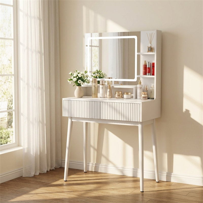 Vanity Desk with LED Mirror & Charging Station, White