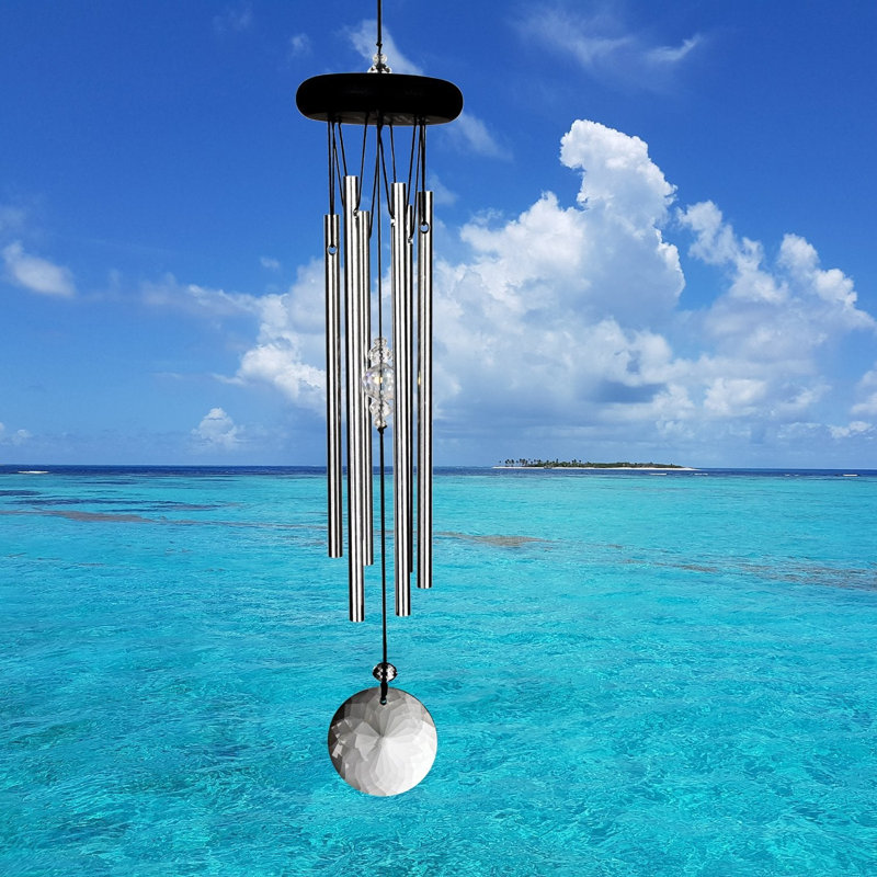 Silver Polished Aluminum Meditation Wind Chime with Crystal Accents