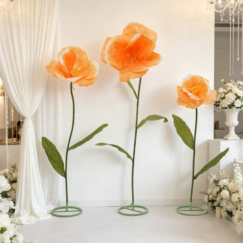 Ensemble de 3 grandes fleurs artificielles autoportantes pour la décoration de mariages et de fêtes., Orange