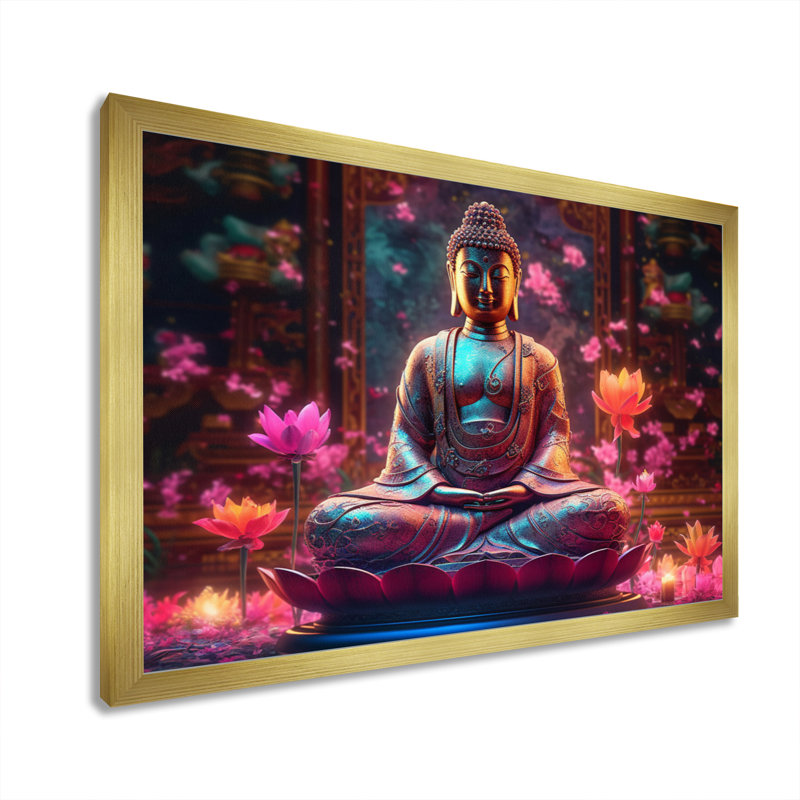 Starlight Buddha I - Décoration murale paysage religieux, H 30 po x l 40 po x P 1,5 po, Cadre doré