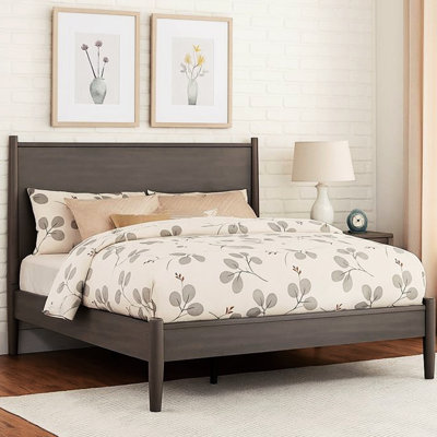 Mid - Century Modern Gray Full Size Platform Bed, Solid Wood And , Round Tapered Legs, Slat Kit, No Box Spring For Bedroom Bed In Gray, Constitution, Needed