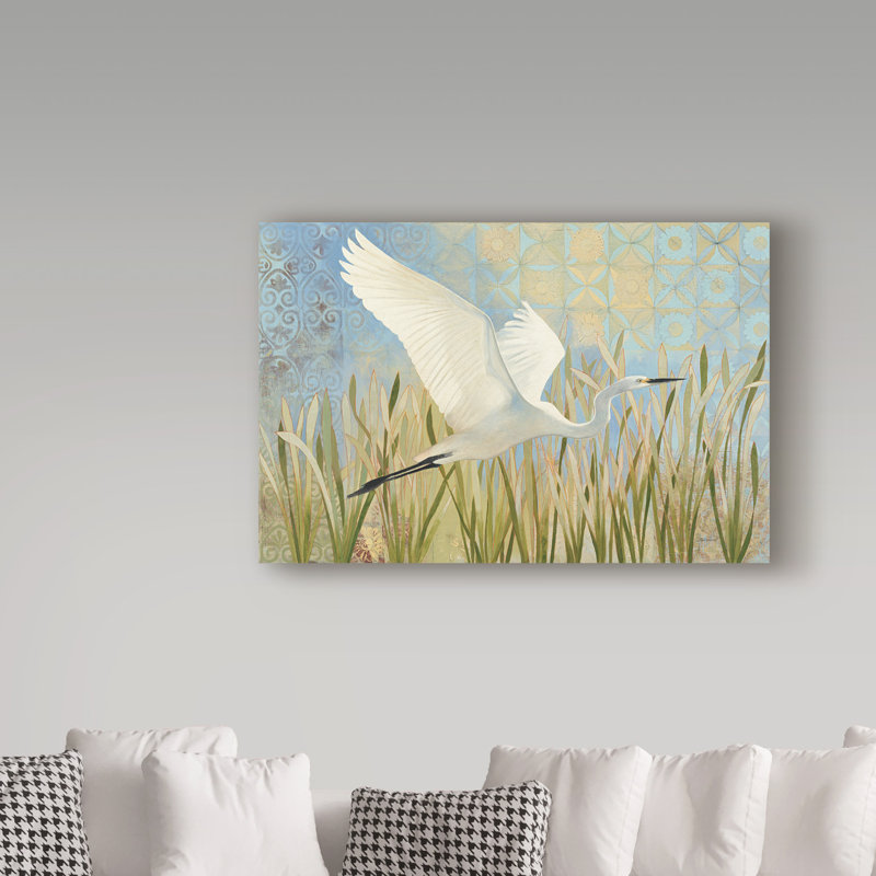 Bohemian Egret in Flight Canvas Art with Blue and Beige Patterns