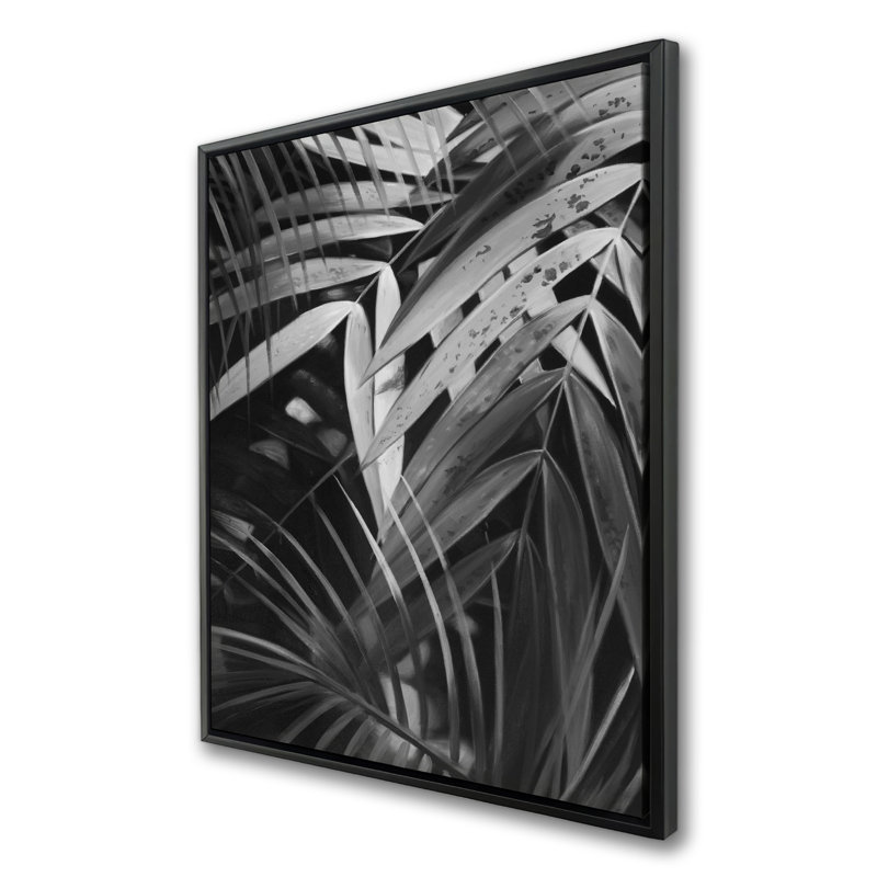 Monochrome Tropical Leaves - Gray Framed Canvas Home Decor