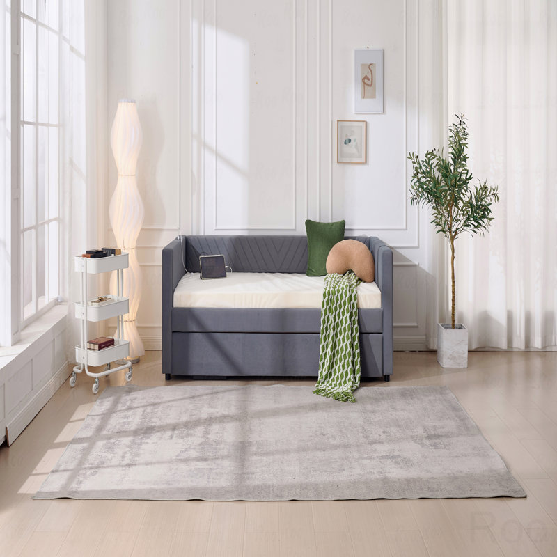 Upholstered Trundle Daybed, Twin Size,USB Port,Side Pockets, Modern V-Grained Backrest Design,No Box Spring Needed, Gray