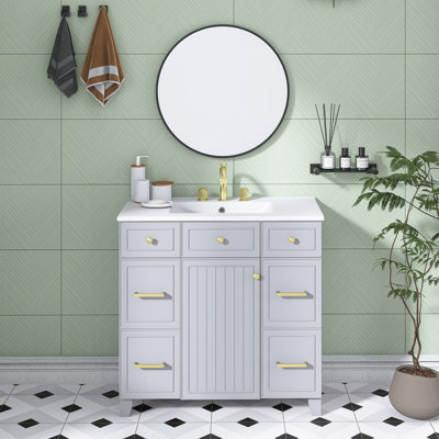 36 Inch. Grey Bathroom Vanity Cabinet With Ceramic Sink    | Solid Wood Frame | Soft Close Doors | Adjustable Shelves | 3 Drawers| Including Double-Depth Drawer For Hairdryer Storage