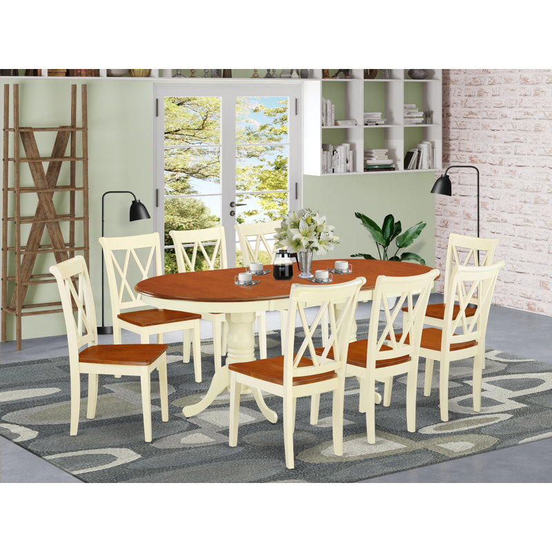 9Pc Dining Set - Oval Table and 8 Kitchen Chairs - Buttermilk & Cherry Color