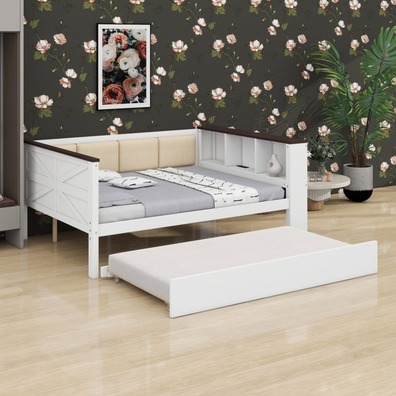 Space-Saving Wooden Daybed Featuring Plush Back Cushion, Storage Shelves, USB Outlet & Roll-Out Guest Trundle