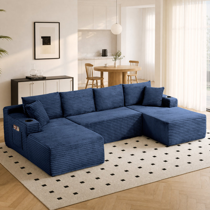 Canapé modulaire à compression en U 134 pièces 3 pièces en velours côtelé avec ensemble de méridienne et porte-gobelet et poche latérale, sans assemblage requis