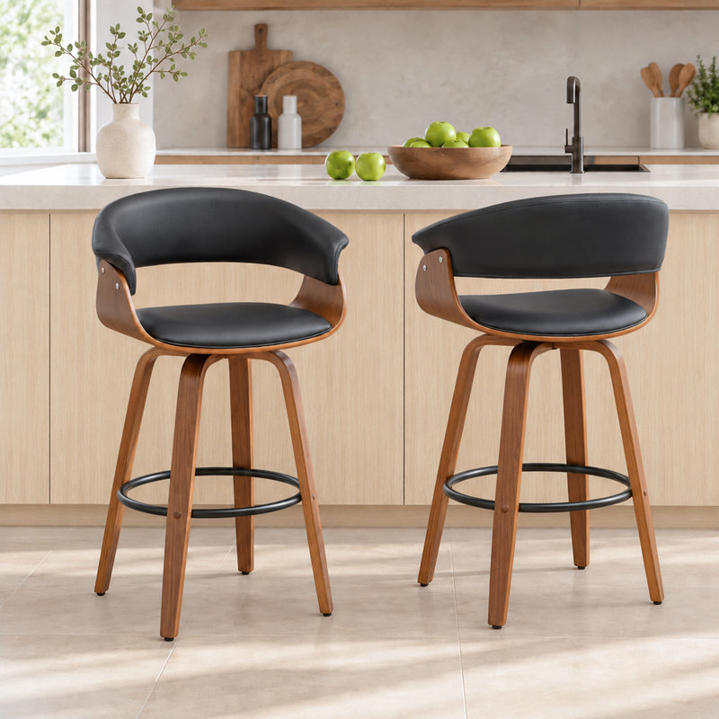 Devlin Faux Leather Upholstered Swivel Mid-Century Stools, Black, Counter Stool (25” Seat Height)