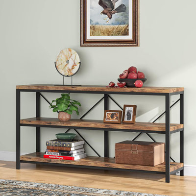 55” Industrial Console Table With Storage Shelves – 3-Tier Sofa Table Behind Couch, Narrow Entryway Table With Open Display Shelves