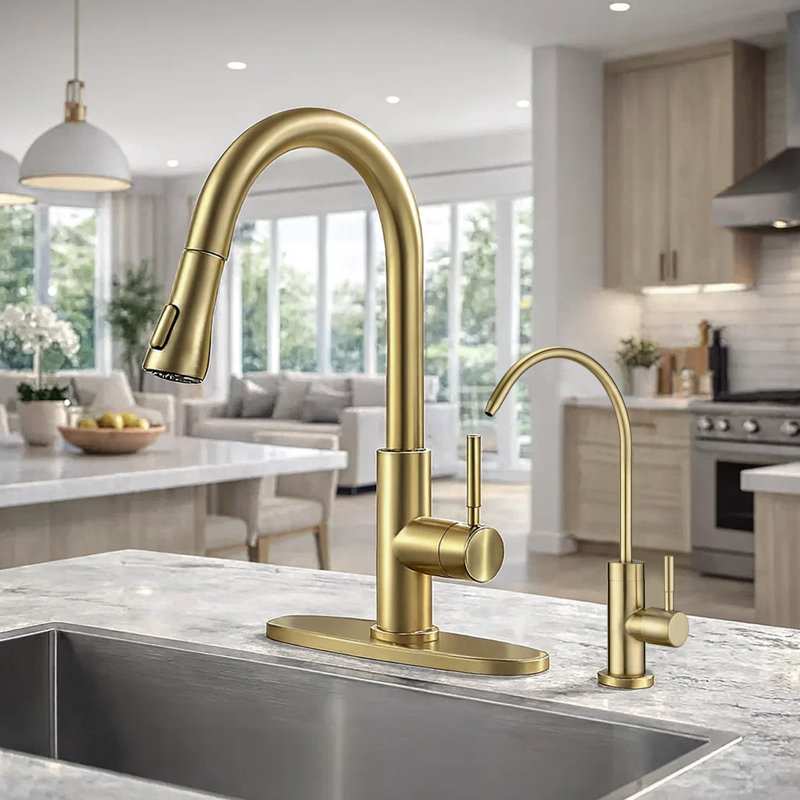 Lead-Free Stainless Steel Drinking Water Faucet With 360° Swivel High-Arc Spout, Brushed Gold