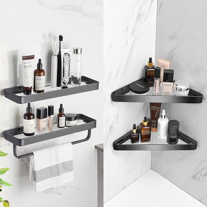 Floating Shelf Tempered Glass Shelf ,2 Tier Bathroom Wall Organizer,Black, Black