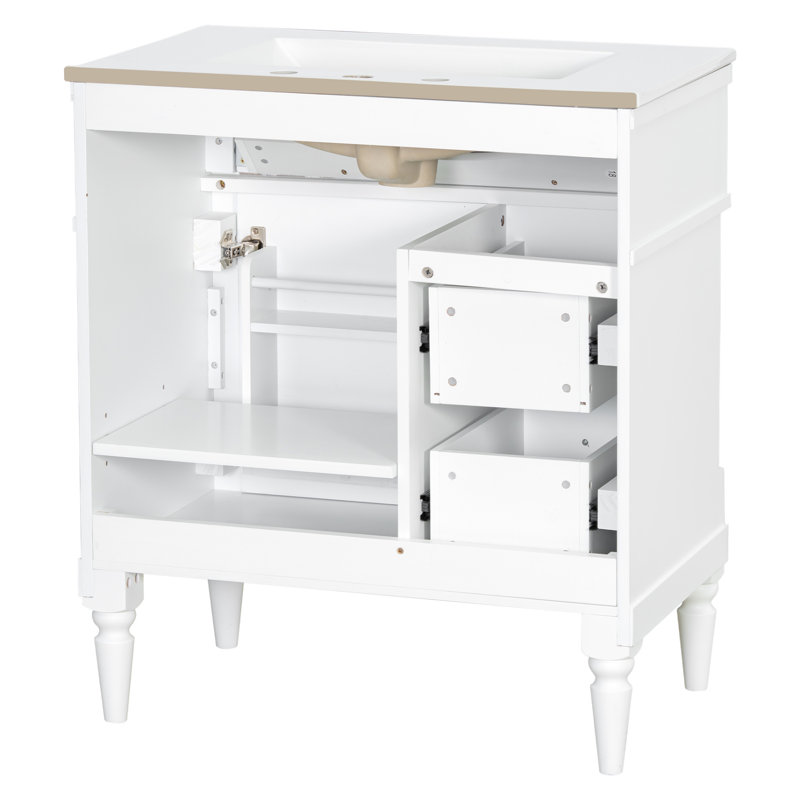 30"W Freestanding Bathroom Single Vanity with Drawers and An Adjustable Shelf, White, Gold