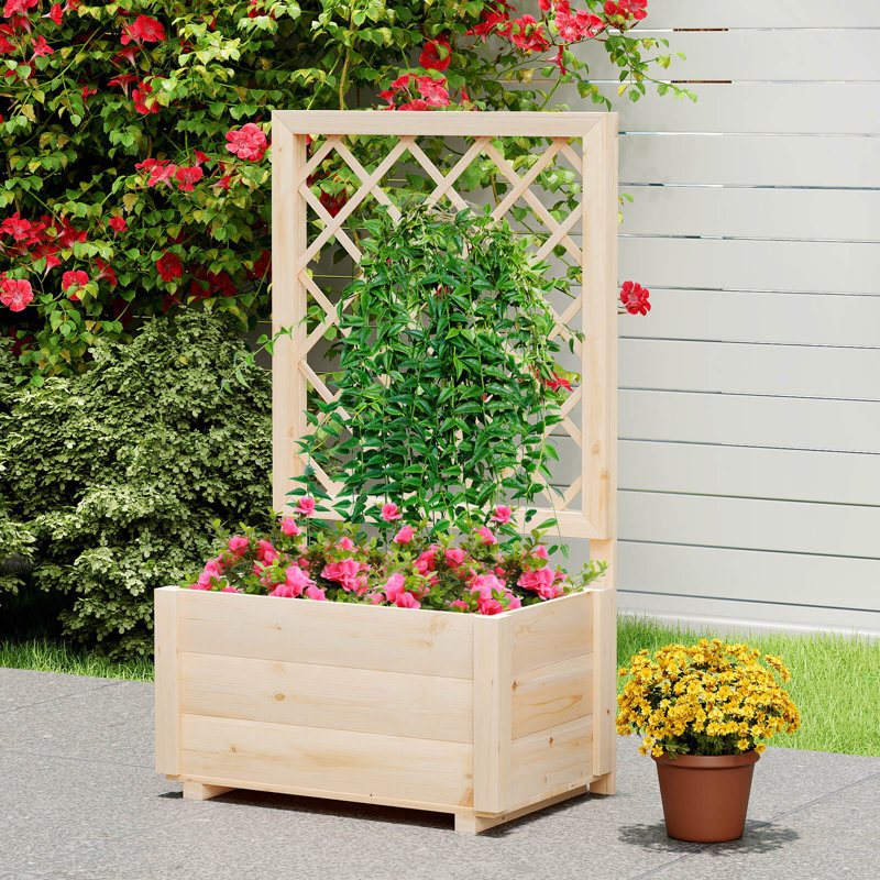  2 Pcs 40" Tall Wooden Raised Garden Bed With Lattice Trellis For Climbing Vine, 2