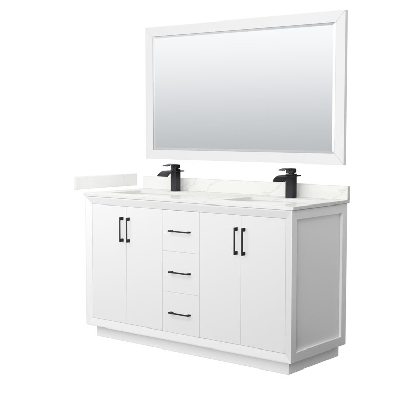 Strada 60'' W Double Vanity, Giotto Quartz, White, Matte Black