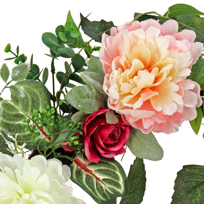Couronne artificielle de 22 pouces avec tulipes, coquelicots et boutons d'or, décoration florale réaliste pour la porte d'entrée ou la décoration intérieure
