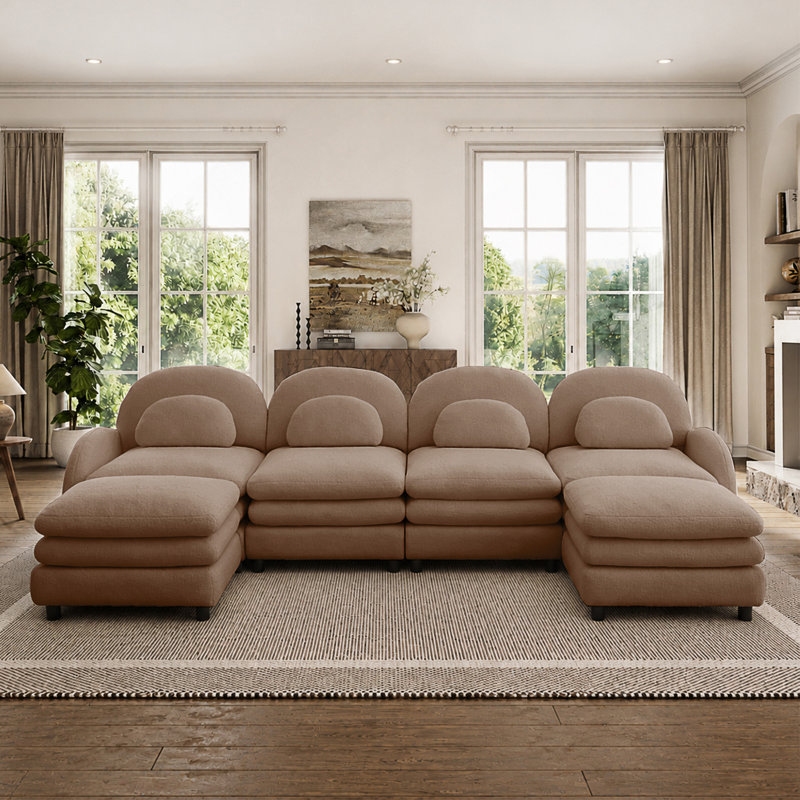 Canapé modulaire à dossier incurvé avec repose-pieds mobiles et coussins à double couche, L 129,1 po, Combinaison chameau