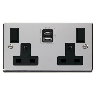 Polished Chrome 2 Gang 13A Type A & C USB Twin Double Switched Plug Socket