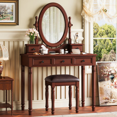 Bureau de coiffeuse avec miroir à angle réglable, tabouret rembourré et 5 tiroirs