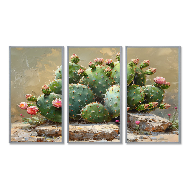 Shoshana - Ensemble de décoration murale cactus floral, Encadrement argenté, H 28 po x l 36 po