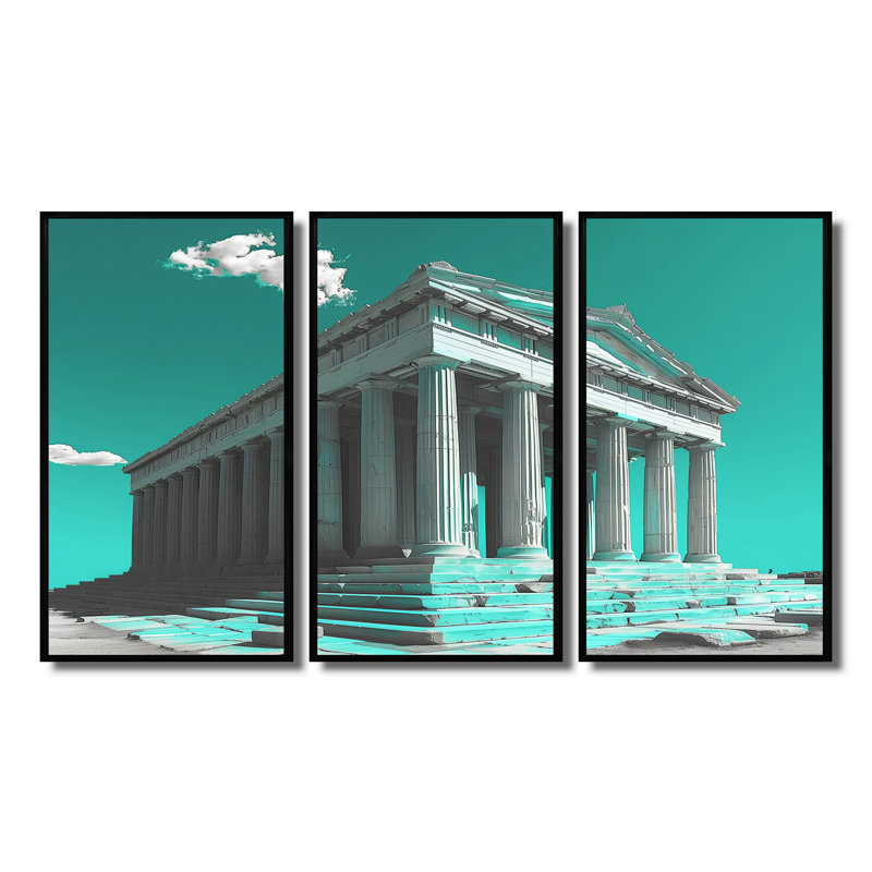 Ensemble de décorations murales vert et blanc, monument historique grec et photo II, H 32 po x l 48 po x P 1 po