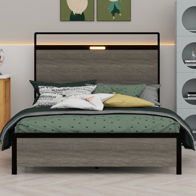 Base de lit plateforme avec tête de lit à DEL avec rangement et 2 USB, grand rangement sous le lit