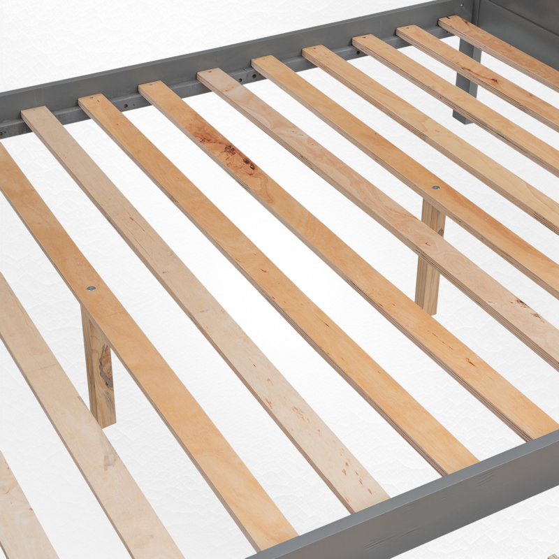 Lit simple superposé au dessus d'un lit double avec tablettes et escalier de rangement, Gris