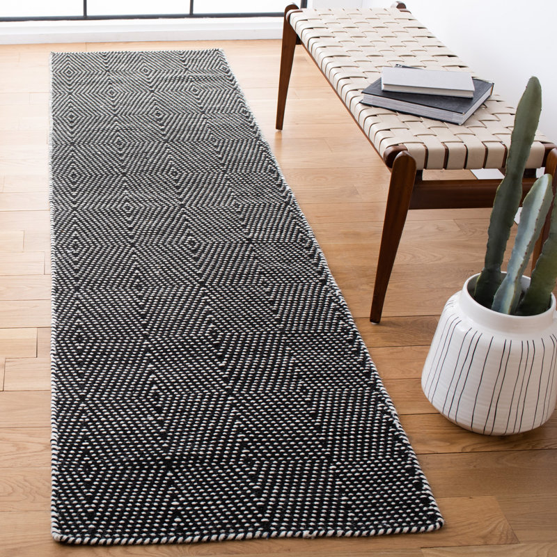 Tapis en laine / coton à tissage plat Estil en noir / gris, Tapis de couloir 2 pi 3 po x 9 pi