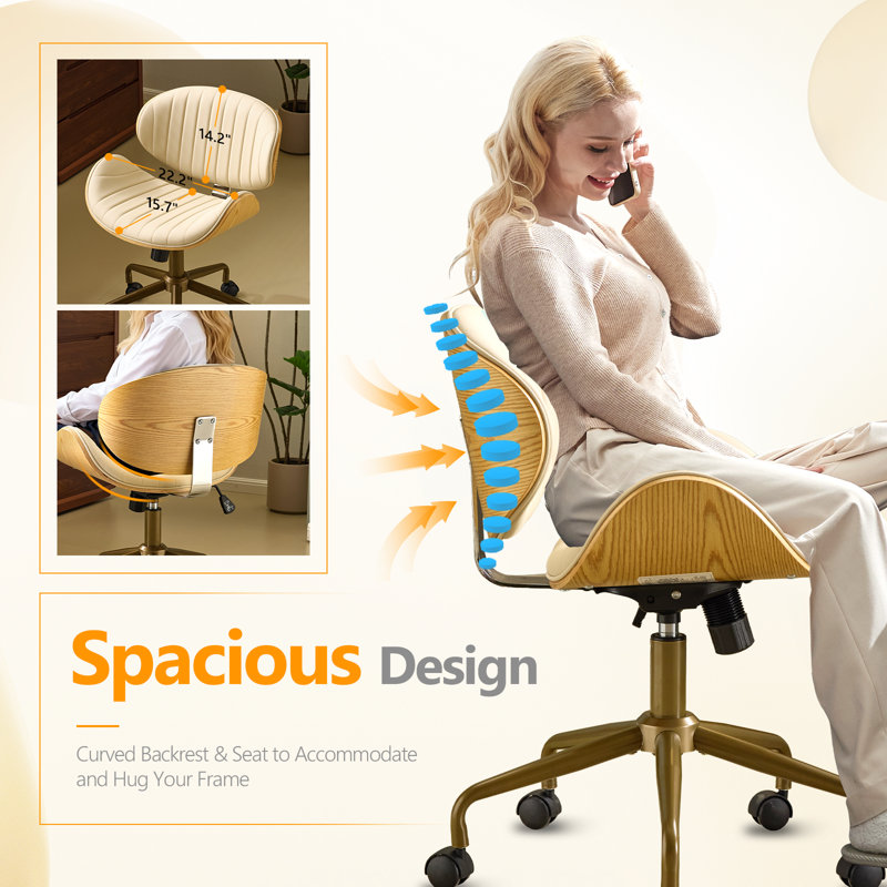 PU Curved Office Chair With Antique Bronze Base, Khaki