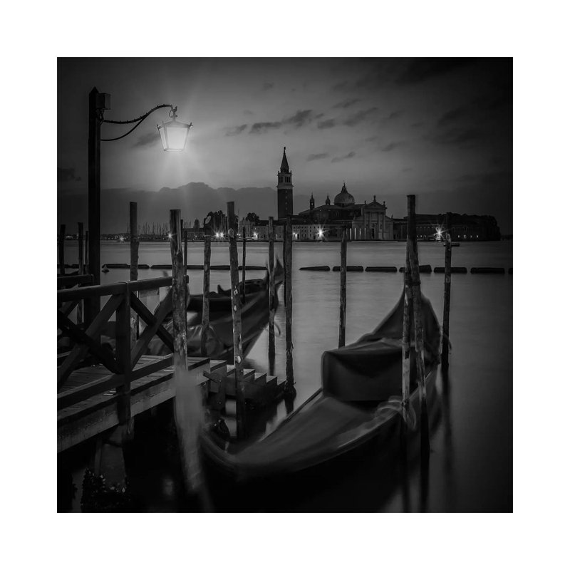 Venice Gondolas During Blue Hour | Monochrome by Melanie Viola - Wrapped Canvas Print, 45.72 cm H x 45.72 cm W x 1.91 cm D
