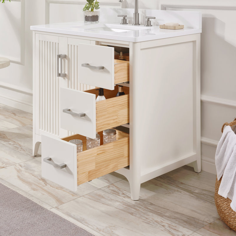 Meuble-lavabo de salle de bain en bois massif préassemblé de 91 cm (36 po) avec Us Power – Blanc