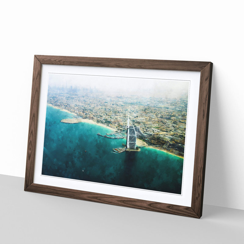 Burj Al Arab Hotel Dubai Skyline Painting - Single Picture Frame Print on MDF, 45cm H x 33cm W x 2cm D, Walnut