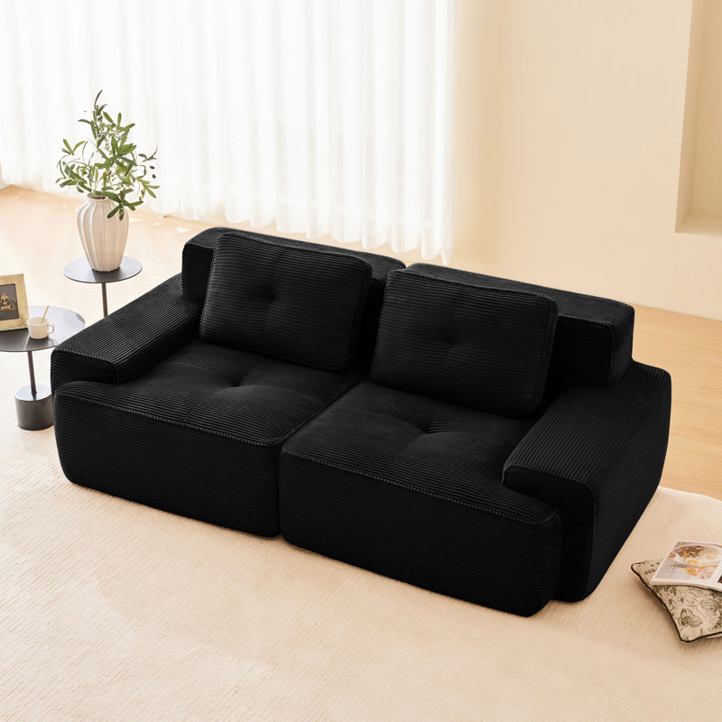 Canapé modulaire en forme de L 82 po, tissu velours côtelé 2 places avec assise profonde et antidérapant, passepoil perlé et détails capitonnés, sans assemblage requis, pour le salon ou la chambre à coucher, noir