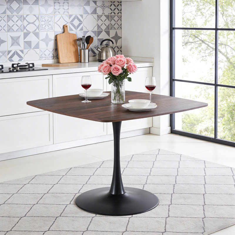 Square Dining Table with Metal Pedestal Base, Black, Brown, 28.93" H x 42.12" L x 42.12" W