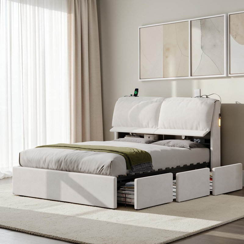 Upholstered Kingsize (5') Velvet Lift Up Storage and 3 Drawers Ottoman Bed, Cream White