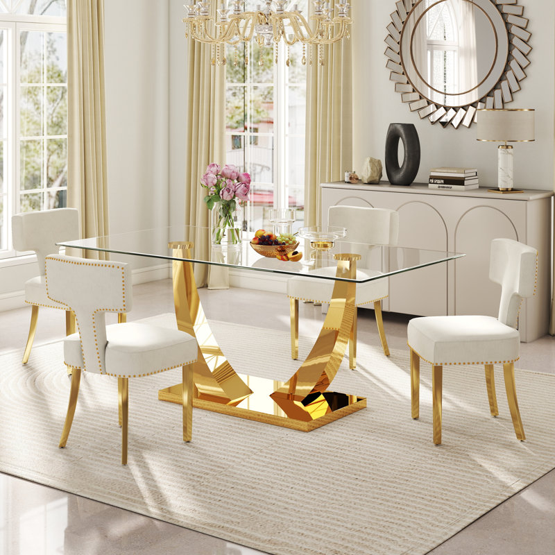 Modern Rectangle Pedestal Dining Set with Chenille Dininig Chair, 5, Beige/Gold, Gold