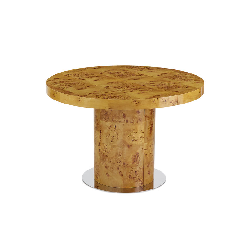 Honey-Hued Round Extendable Wood Dining Table with Nickel Base