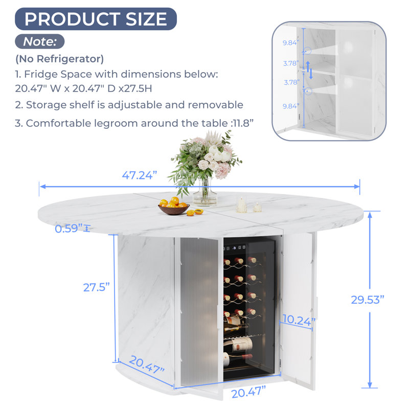 47.2" Round Dining Table With Fridge Space, Modern White Faux Marble Kitchen Tables, Wood Dining Room Table With Storage Shelf, Circle Dinner Tables For Home