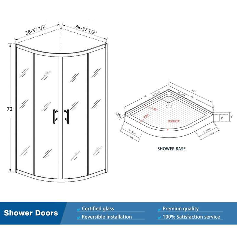Cabine de douche ronde encadrée avec base 38 "x P 38" x H 72 ", Chrome