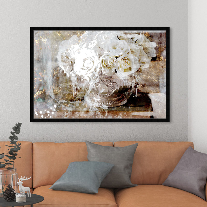 Floral and Botanical Glam Serving Roses Florals - impression d'art graphique, H 32 po x l 47 po, Cadre noir
