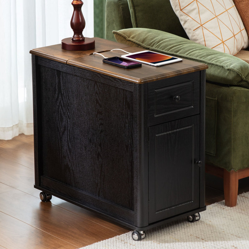 Roller End Table With Storage Charging Station Hidden Usb Ports And Outlet, Black