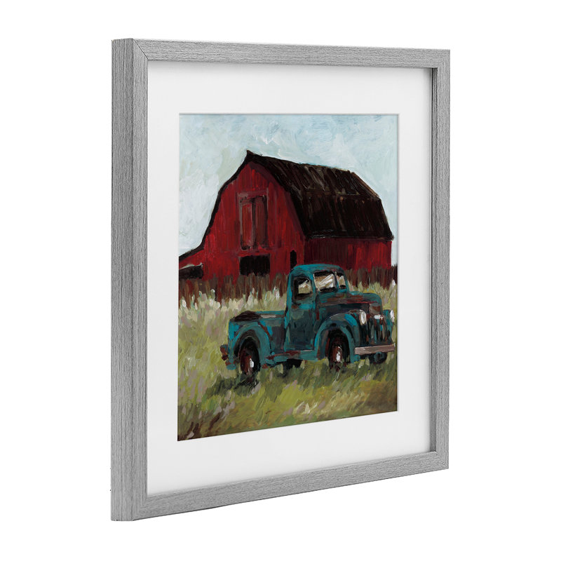 Camion et grange rouge, reproduction encadrée sous verre, conception de Wani Pasion, H 16 po x l 16 po, Cadre de ferme gris