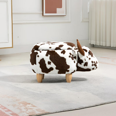 Repose-pieds avec rangement pour vache, 24,8 po x 13,78 po x 14,57 po, fausse fourrure, brun et blanc, rangement, assemblage sans outil