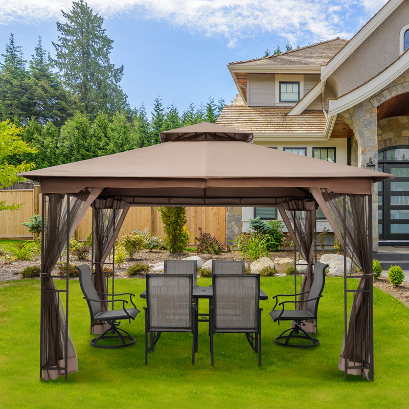  Egeiros Life 12 Ft. W X 10 Ft. D Double Roof Patio Gazebo With Mosquito Net, Light Brown, Brown