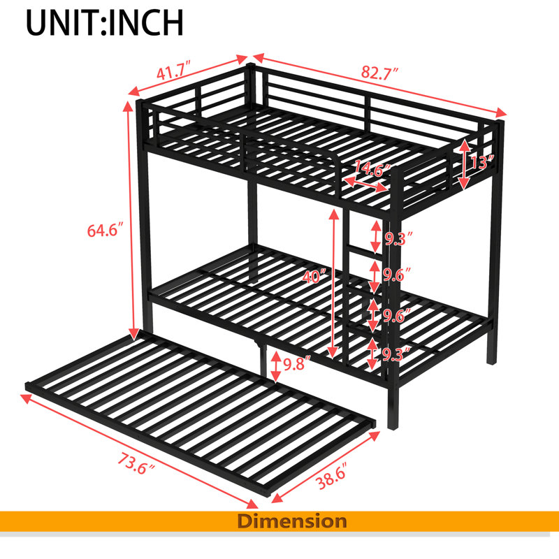 Metal Bunk Bed With Trundle, Black, Twin XL over Twin XL