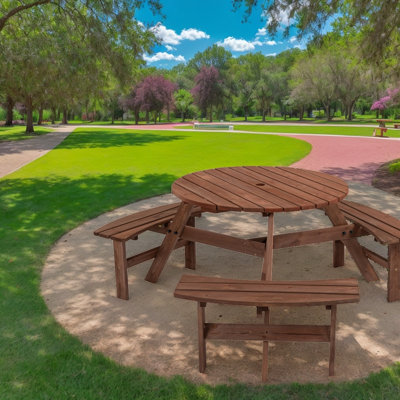 Table de pique-nique ronde en bois pour 6 personnes avec 3 bancs intégrés et un trou pour parasol - Bois de sapin, capacité de poids de 1720 lb