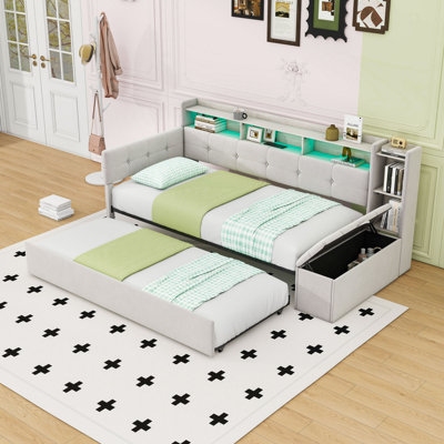 Upholstered Daybed with Trundle, USB Ports, LED Lights and Shelves