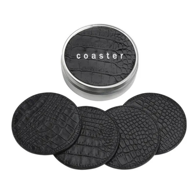 Graphic Image 4 Coasters with Tin Box, Leather,Brown Embossed Croc Leather, Black