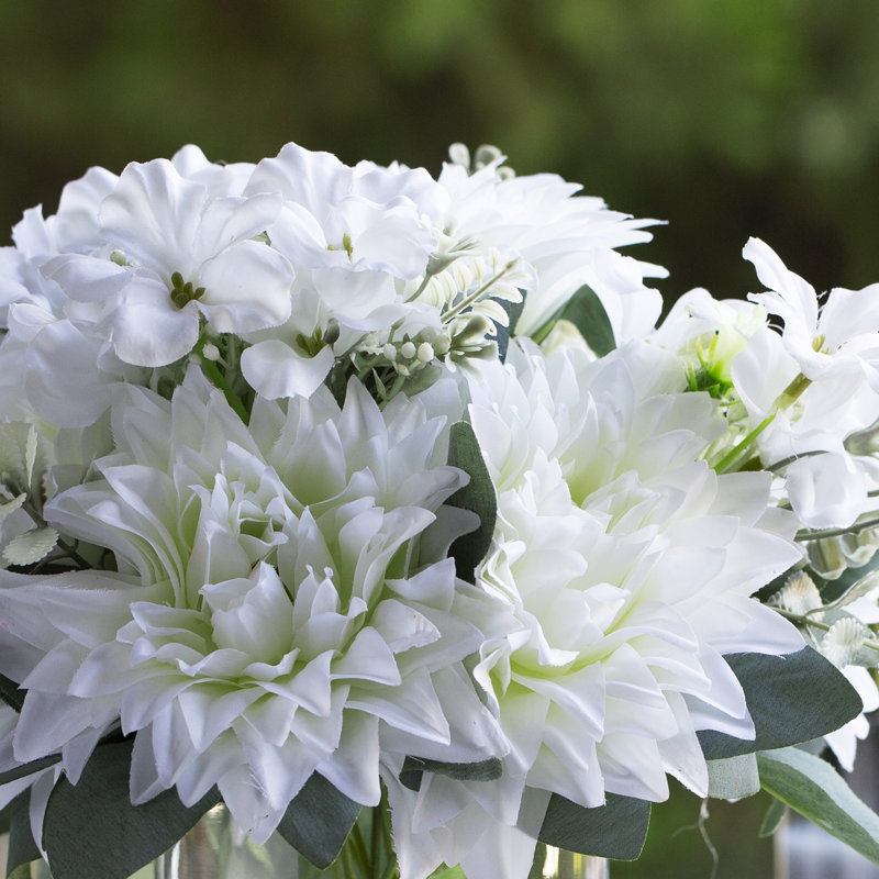 Arrangement floral dahlia artificiel dans un vase en verre transparent, Crème