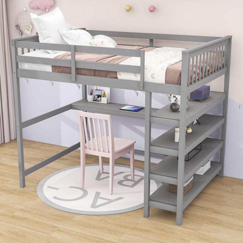 Lit mezzanine en bois avec tablettes de rangement et bureau, Double, gris